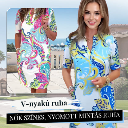 🎁 Új termékek 49% kedvezménnyel 👗Nők színes, nyomott mintás V-nyakú ruha