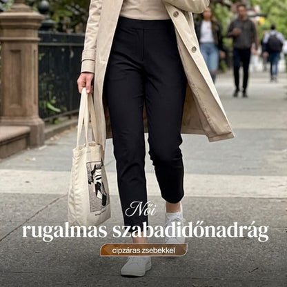 Női magas derekú, rugalmas nadrág cipzáras zsebekkel