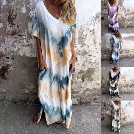 👗 💃Alkalmi laza nyomtatott V-nyakú hosszú ruha
