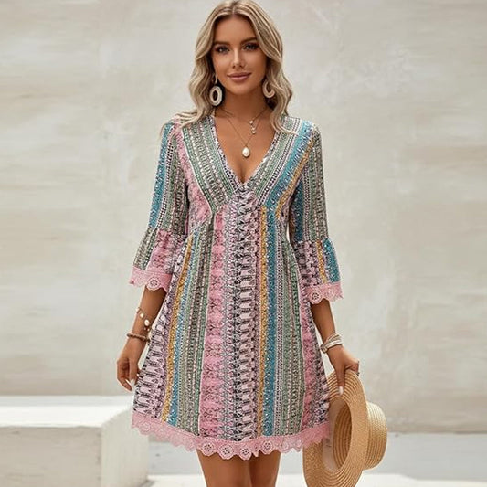 👗 Női bohém stílusú, V-nyakú ruha