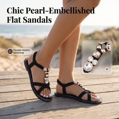 👡 Gyöngyös női lapos sarkú szandál