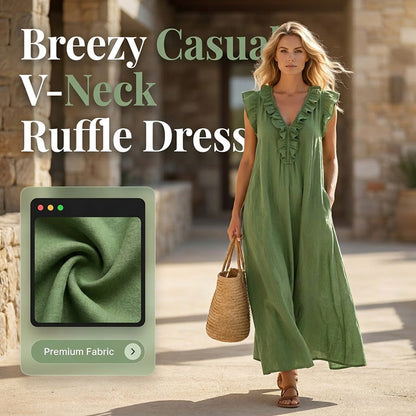 👗 Női, laza, ujjatlan, V-nyakú, fodros ruha