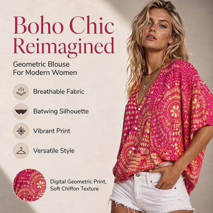 49% KEDVEZMÉNY ⭐👚 Boho Mintás Denevérujjú Felső – Folyékony V-nyak & Könnyed Bohém Stílus