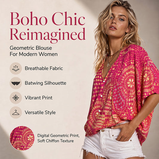 49% KEDVEZMÉNY ⭐👚 Boho Mintás Denevérujjú Felső – Folyékony V-nyak & Könnyed Bohém Stílus
