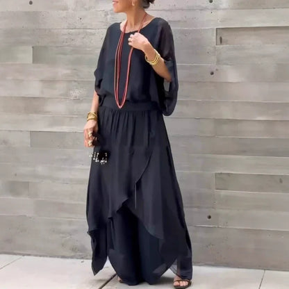 👖 Laza Felső & Hasított Széles Szárú Nadrág Sifon 2-Darabos Szett