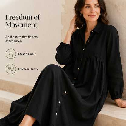 👗✨ Maxi lenvászon ingruha, rever hajtókával, elöl gombokkal, A-vonalú szabással és pliszékkel — 6 színben, S–3XL méretekben — elegáns, könnyed, sokoldalú 👗