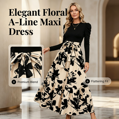 👗✨Női virágmintás hosszú ujjú A-vonalú maxiruha