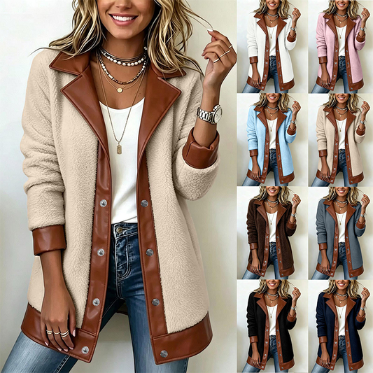 🌸 KORLÁTOZOTT AJÁNLAT –49%! ✨ Női patchwork plüss kabát hajtókás gallérral
