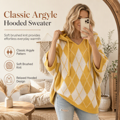 🧶 Hangulatos retró stílus | Női argyle mintás kapucnis, oversize kötött pulóver oldalsó hasítékkal